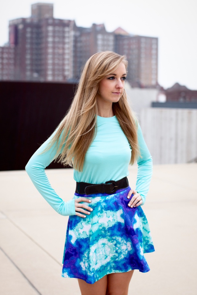 Sets and Sequins fashion photo set spring lookbook watercolor tough style look of the day st. louis chicago midwest blogger wedge black boots blue skater skirt lace top shirt belt city scape urban photography erin stubblefield and sarah bourne