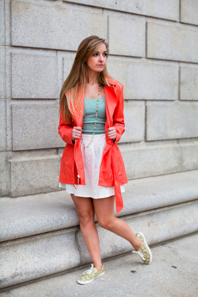 Sets and Sequins Blog: A Pop of Floral! Spring lookbook style fashion rain coat a-line skirt tank top floral shoes kicks keds like taylor swift from target lace-up outdoors photography by erin stubblefield in st. louis missouri from chicago illinois midwest chic fun playful blonde blogger