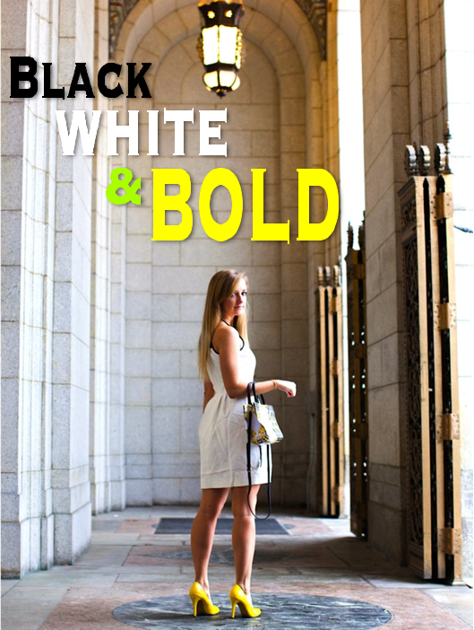 Sets and Sequins Blog: Black White and Bold - White Dress with Black Mesh Top from 6pm.com Rebecca Minkoff Floral MAB Tote Mini Spring 2013 Collection Bright Yellow Pumps Pop Color Stripes Glamour Gold Door Blonde Dressy Fashion Style Beauty Straight Hair Street Style City Look book day out chic st. louis missouri photography photographer erin stubblefield modeled by blogger SARAH BOURNE in 2014