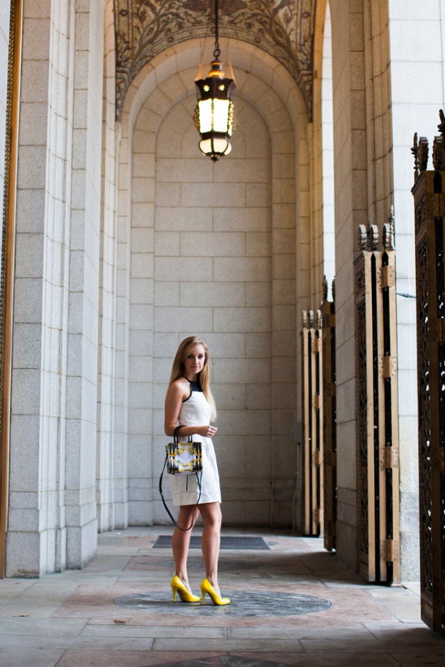 Sets and Sequins Blog: Black White and Bold - White Dress with Black Mesh Top from 6pm.com Rebecca Minkoff Floral MAB Tote Mini Spring 2013 Collection Bright Yellow Pumps Pop Color Stripes Glamour Gold Door Blonde Dressy Fashion Style Beauty Straight Hair Street Style City Look book day out chic st. louis missouri photography photographer erin stubblefield modeled by blogger SARAH BOURNE in 2014